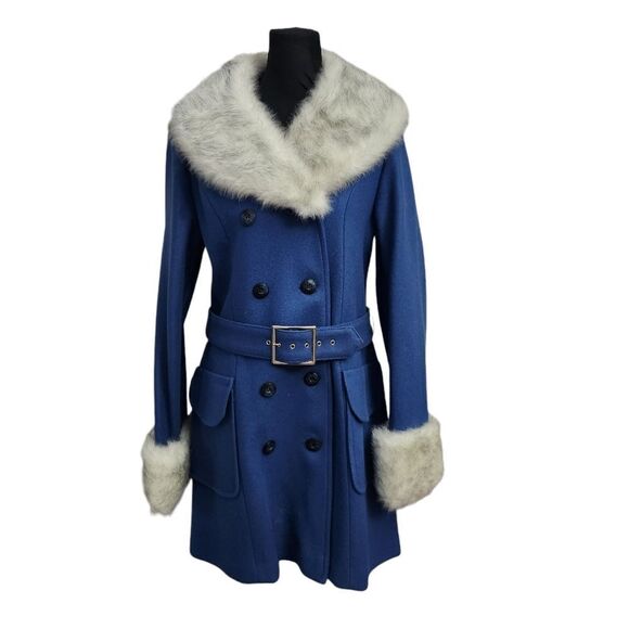 Vtg Lane Bryant Wool Coat 14 Tall Shop NWT Blue Gray Faux Fur Collar 70s